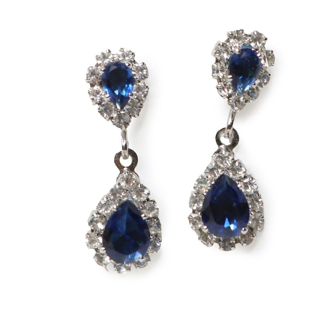 Vintage Sapphire Blue Rhinestone Drop Dangle Earrings 1" Silver Tone NYE Holiday